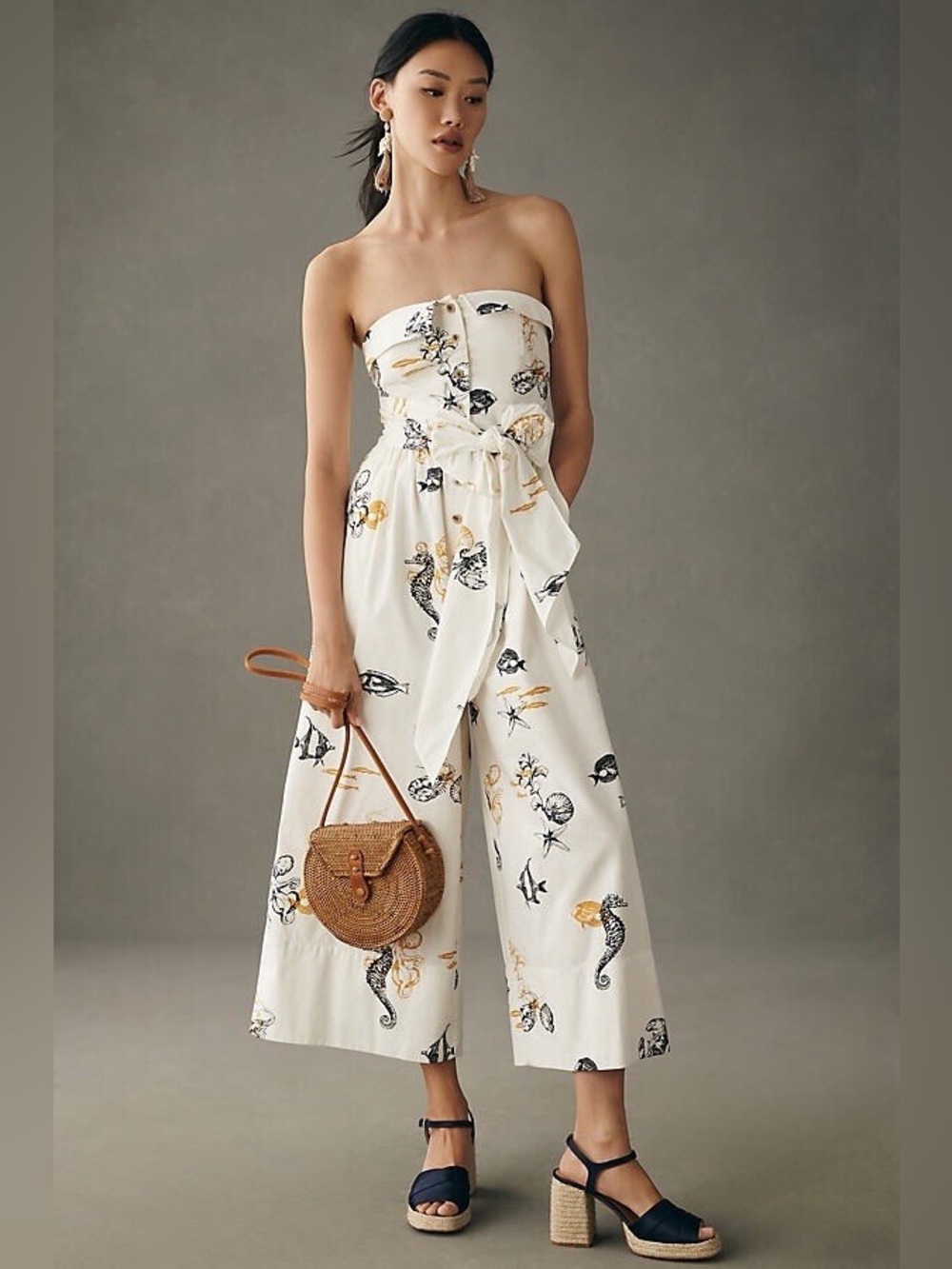 Anthropologie Maeve Sea Creatures Strapless Buttondown Wide-Leg Jumpsuit